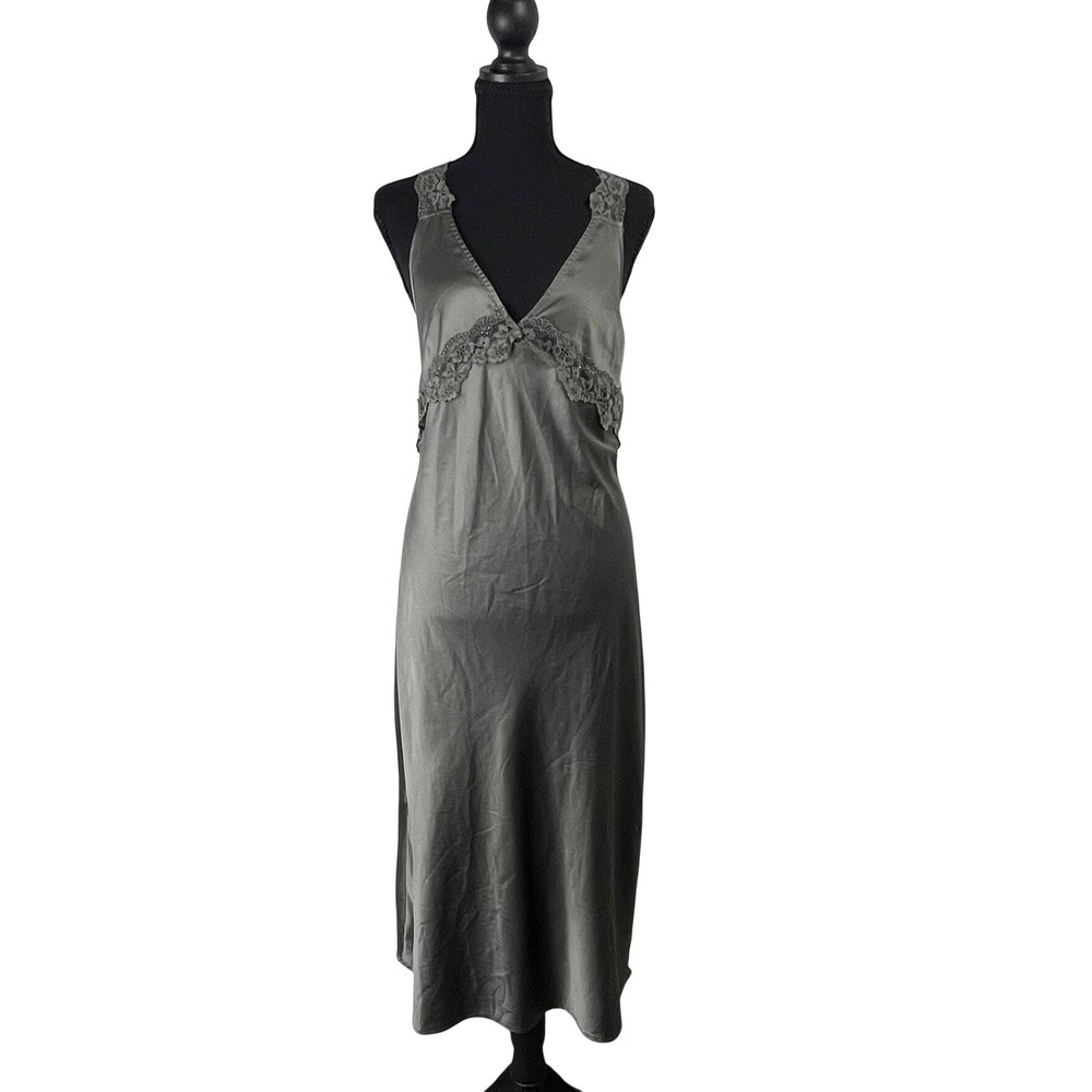 Primark Olive Green‎ Satin Lace Trim Midi Slip Dress M Open Back Y2k Grunge
